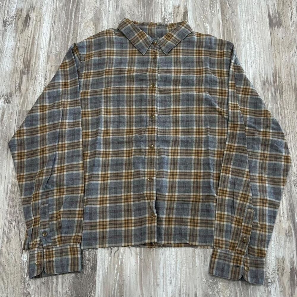 Uniqlo Men's grunge 90s streetwear gorpcore cropped brown plaid button up shirt